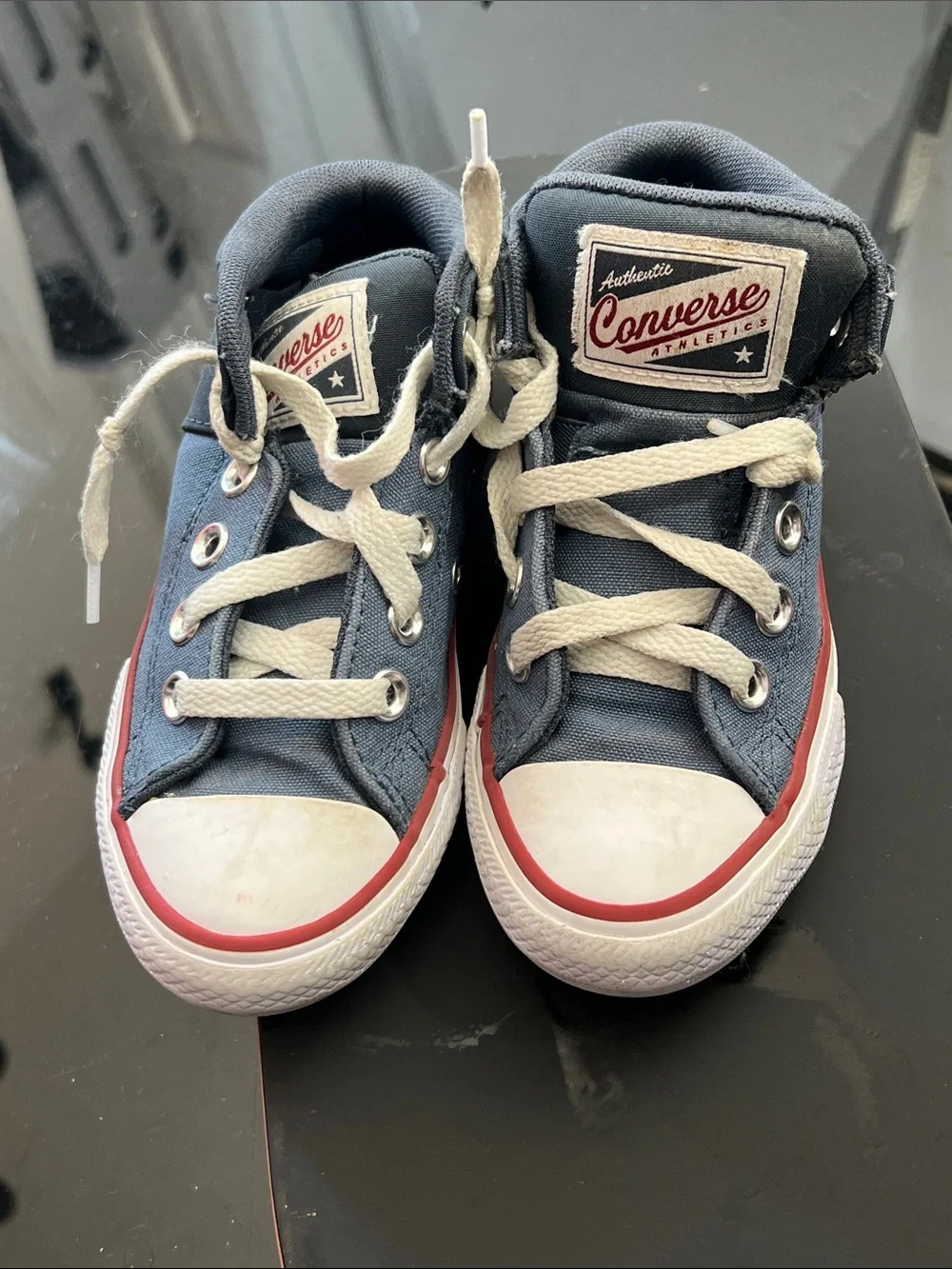 Converse Low-Top Sneakers in Blue, Black and White with Red Trim